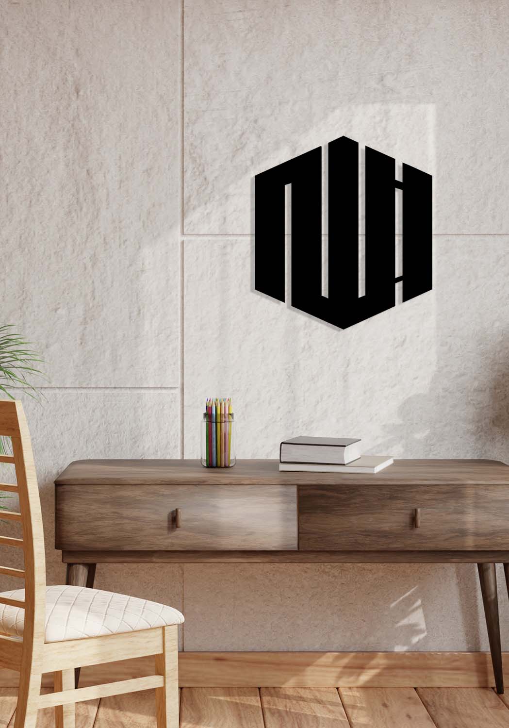 Arkasındaki gizli askı aparatı sayesinde hattın manevi dengesini sarsmadan tek bir çivi ile saniyeler içinde asılabilen İslami sanat eseri.