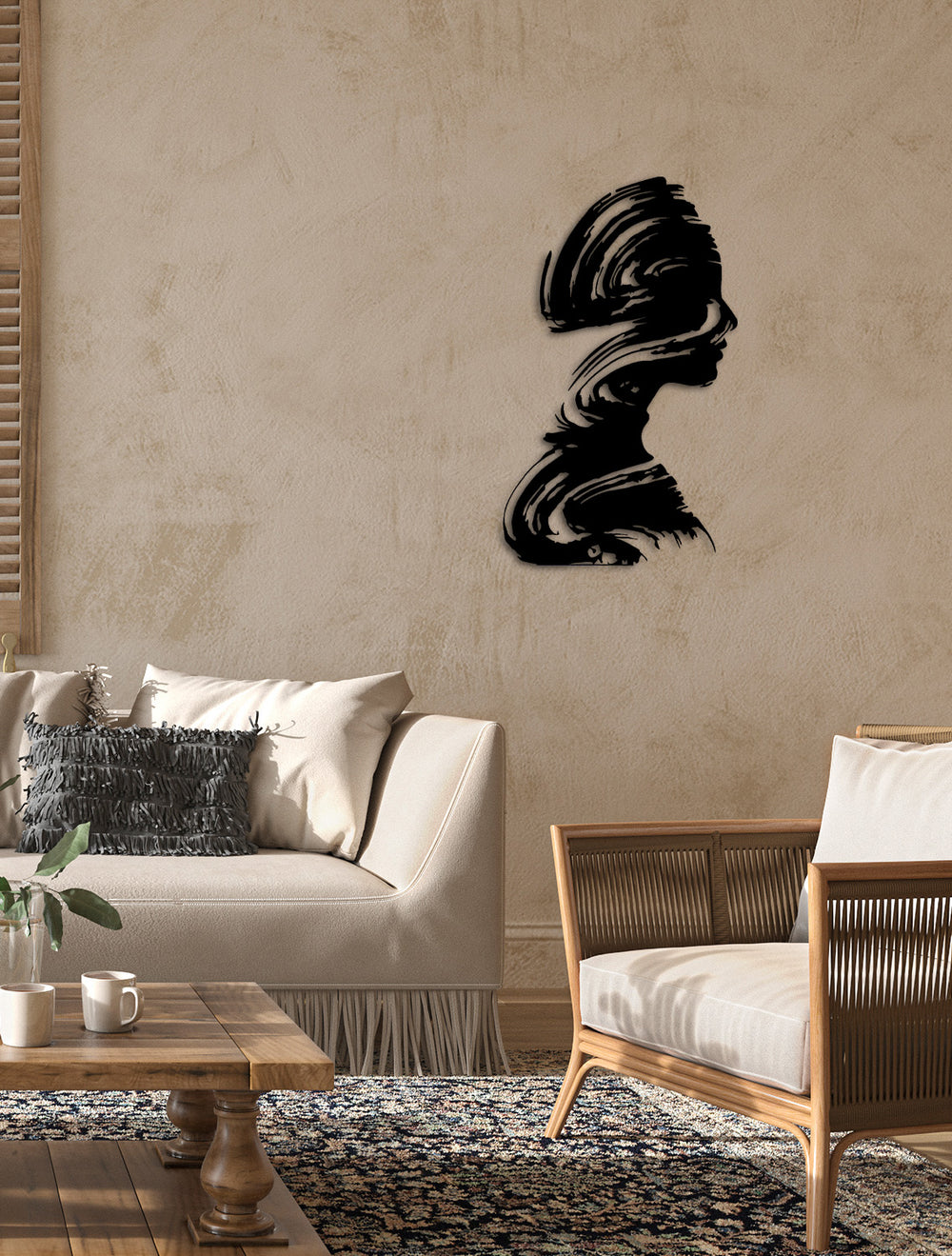 Işığı yansıtmayan, parmak izi bırakmayan özel textüre siyah kaplamalı estetik kadın figürü metal pano.