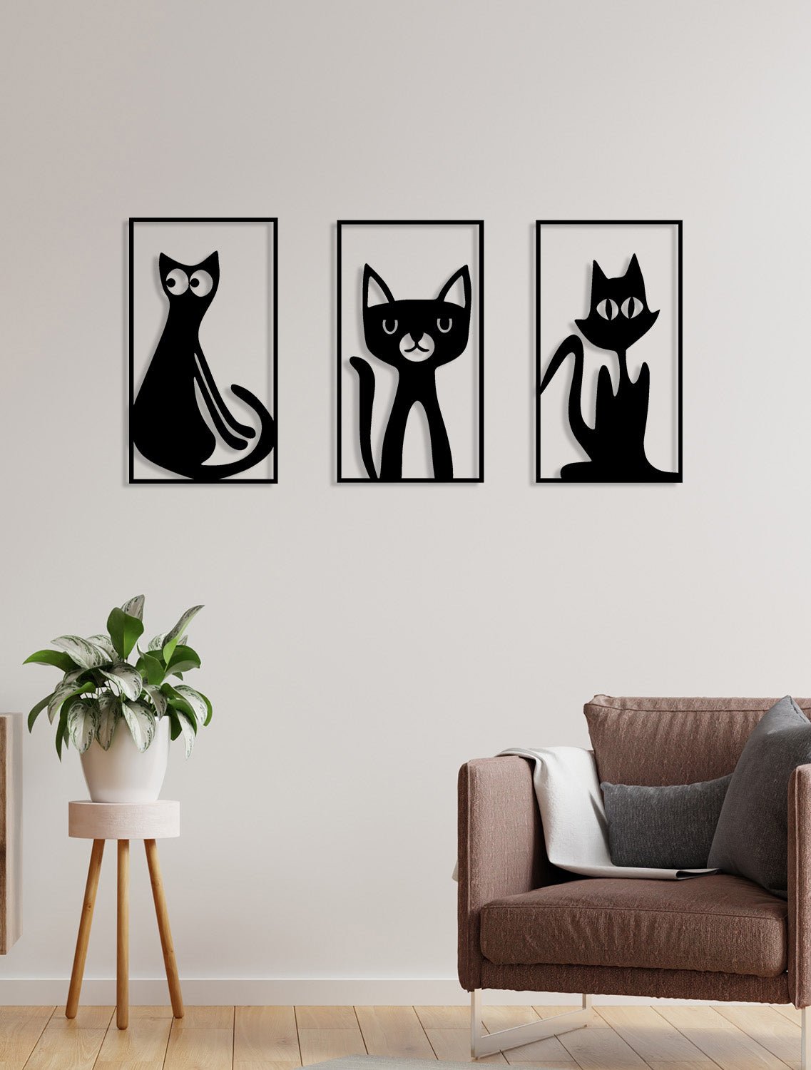 Üçlü Kedi Dekoru ve 2 cm Derinlik Paylı 3 Boyutlu Doğal Gölge Efekti