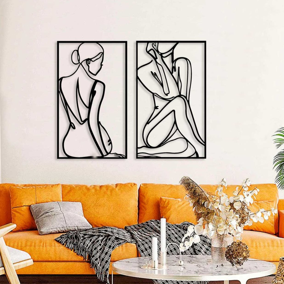 Yansımalar İkili Kadın Silüeti Siyah Metal Duvar Tablosu Seti - Modern Soyut Dekorasyon