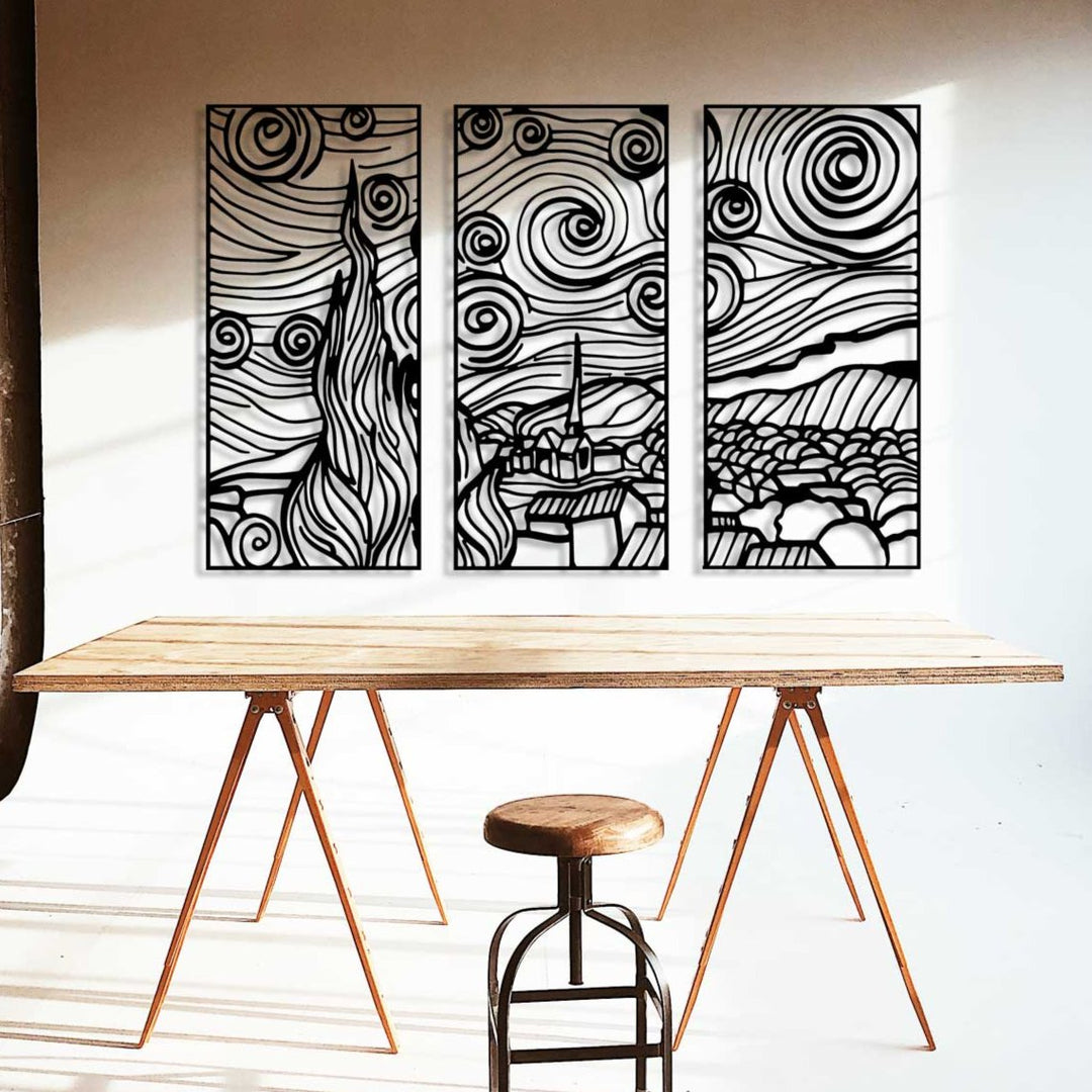 Yıldızlı Gece Üçlemesi Siyah Metal Duvar Tablosu Seti - Van Gogh Sanat Dekorasyonu