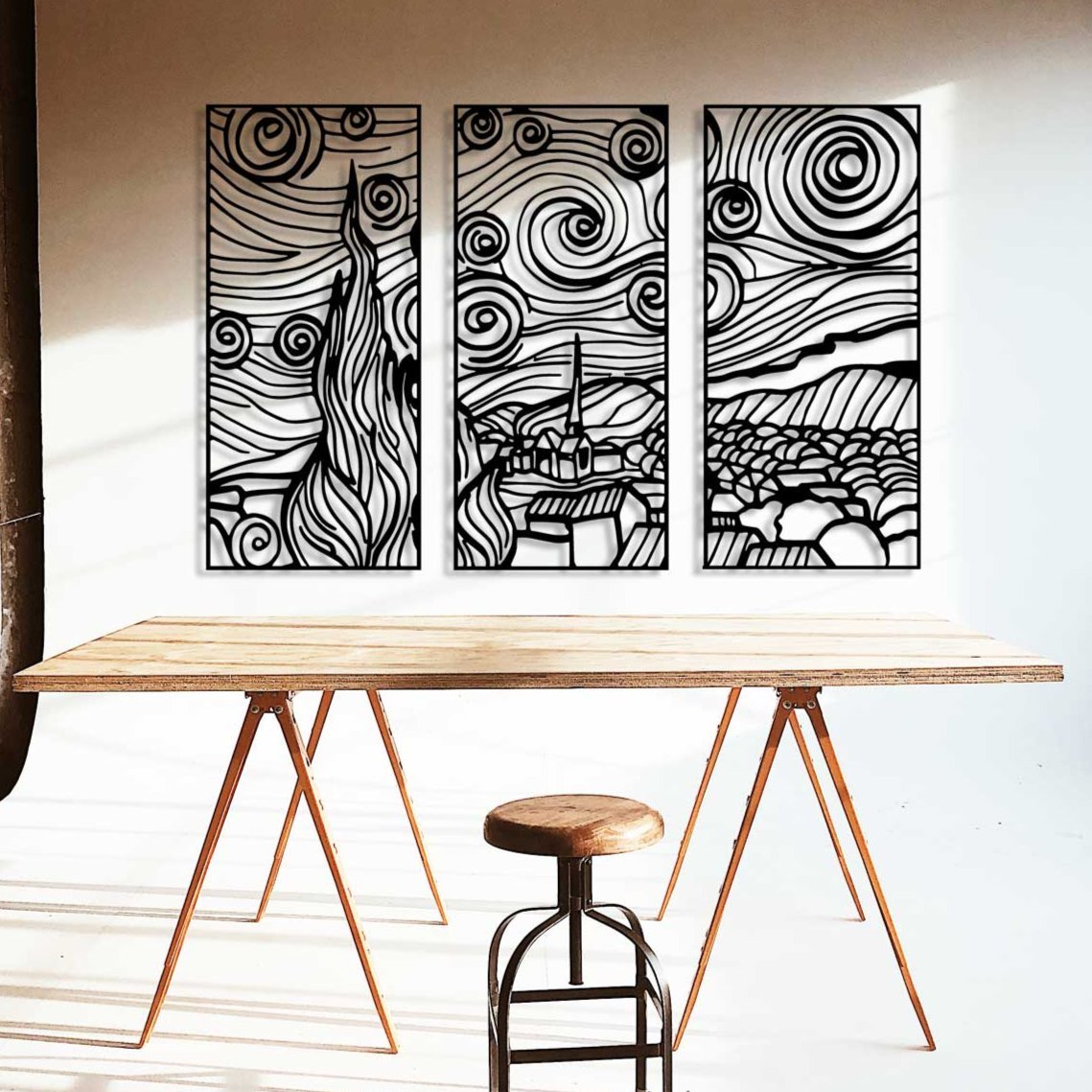 Yıldızlı Gece Üçlemesi 3'lü Metal Duvar Tablosu Seti - Van Gogh İlhamlı Modern Sanat - Artroya