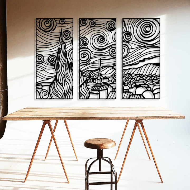 Yıldızlı Gece Üçlemesi Siyah Metal Duvar Tablosu Seti - Van Gogh Sanat Dekorasyonu